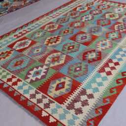 7x10 Flatweave Area Rug, Afghan Handmade Kilim Wool Green Blue Beige Orange Red, Tribal Geometric Oriental Boho Bedroom Rug - thumbnail 2