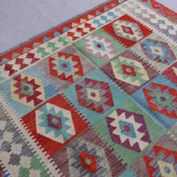 7x10 Flatweave Area Rug, Afghan Handmade Kilim Wool Green Blue Beige Orange Red, Tribal Geometric Oriental Boho Bedroom Rug - thumbnail 3