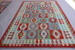 7x10 Flatweave Area Rug, Afghan Handmade Kilim Wool Green Blue Beige Orange Red, Tribal Geometric Oriental Boho Bedroom Rug - thumbnail 1