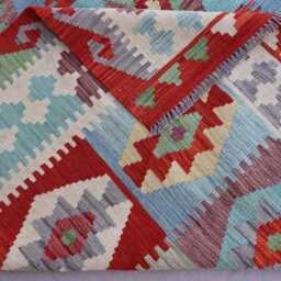 7x10 Flatweave Area Rug, Afghan Handmade Kilim Wool Green Blue Beige Orange Red, Tribal Geometric Oriental Boho Bedroom Rug - thumbnail 4