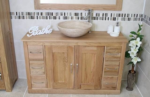 Solid Oak Bathroom Vanity Unit Cabinet Marble Travertine Bowl Basin Tap Plug 02Bsbc - image 1