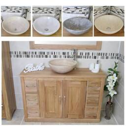 Solid Oak Bathroom Vanity Unit Cabinet Marble Travertine Bowl Basin Tap Plug 02Bsbc - thumbnail 2
