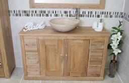 Solid Oak Bathroom Vanity Unit Cabinet Marble Travertine Bowl Basin Tap Plug 02Bsbc