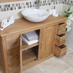 Solid Oak Bathroom Vanity Unit Cabinet Marble Travertine Bowl Basin Tap Plug 02Bsbc - thumbnail 3