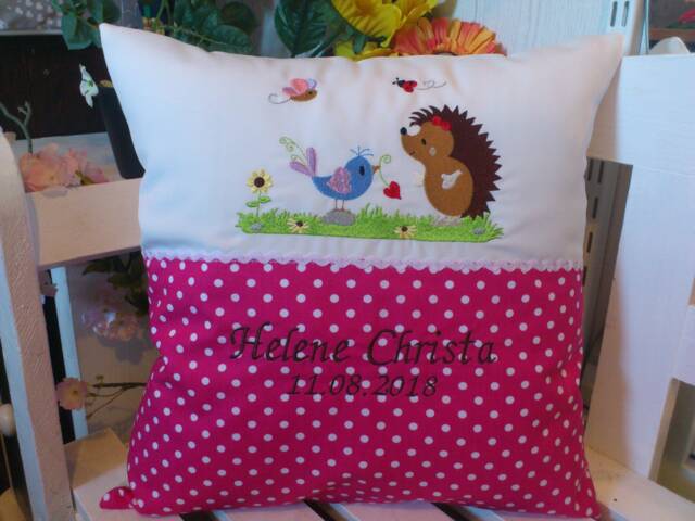 Pillow With Name For Birth - Hedgehog & Bird Pink - image 1
