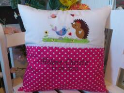 Pillow With Name For Birth - Hedgehog & Bird Pink - thumbnail 1