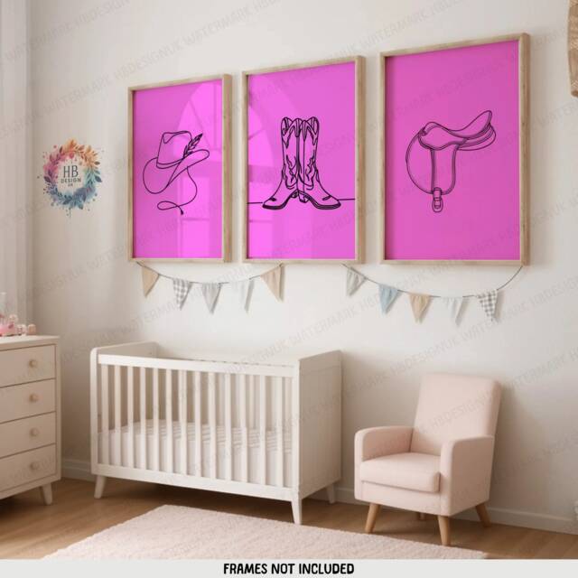 Cowgirl Nursery Decor - Set Of 3 Pink Posters - Western Girl Room Wall Art Boho Country Cow Gift Kids Girls Bedroom Line Prints - image 1