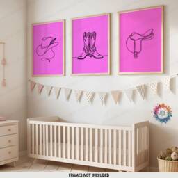 Cowgirl Nursery Decor - Set Of 3 Pink Posters - Western Girl Room Wall Art Boho Country Cow Gift Kids Girls Bedroom Line Prints - thumbnail 2