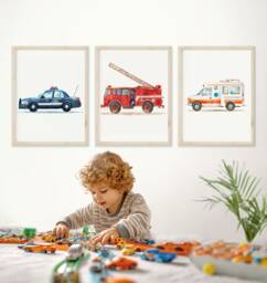 Emergency Vehicle Prints Kids' Room Wall Art, Set Of 3 - thumbnail 1