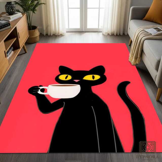Black Cat Coffee Rug - Minimalist Red & Pink Pet Mat - image 1