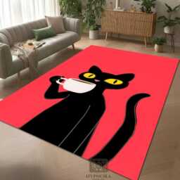 Black Cat Coffee Rug - Minimalist Red & Pink Pet Mat - thumbnail 2
