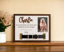 Pet Memorial Collar Sign, Dog Lover Gift, Engraved Holder, Cat Photo Frame, Portrait On Wood, Loss R04 - thumbnail 1