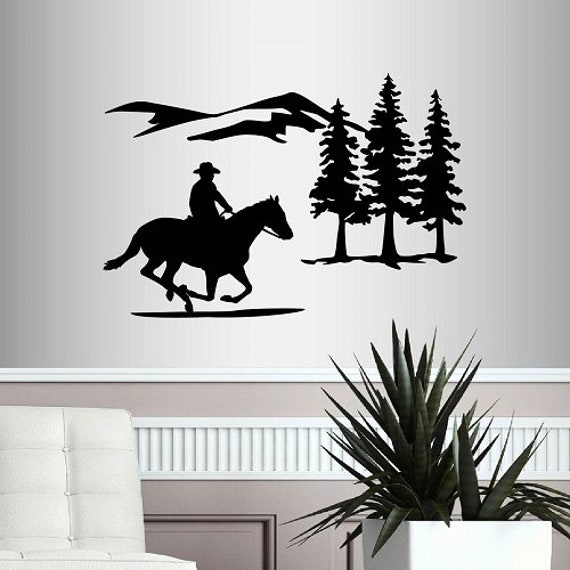 In-Style Decals Wall Vinyl Decal Home Decor Art Sticker Cowboy Riding Horse Mountains Trees Western Man Boy Room Removable Mural Design 217 - image 1