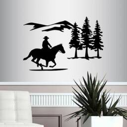 In-Style Decals Wall Vinyl Decal Home Decor Art Sticker Cowboy Riding Horse Mountains Trees Western Man Boy Room Removable Mural Design 217 - thumbnail 1