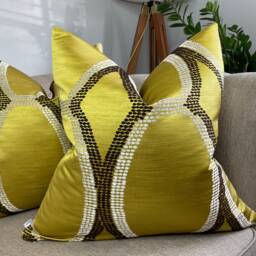 Geometric Embroidered Design Cushion Cover Lime Green/Brown Throw Pillow Handmade Double Sided - thumbnail 1