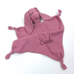 Personalized Bunny Comforter, Soft Sleeping Toy, Organic Muslin Baby Lovey, Doudou, Security Blanket, Monogrammed Blanket - thumbnail 2