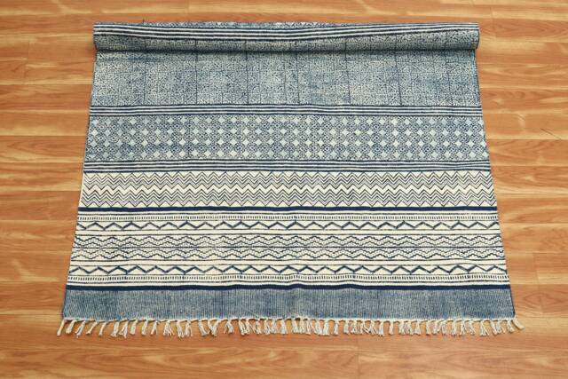 Hand Block Print Cotton Rug, Indigo Blue, Bohemian Kilim - image 1