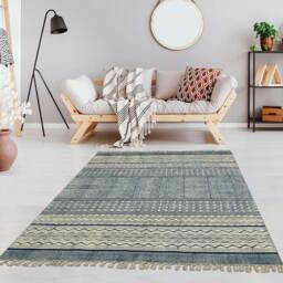 Hand Block Print Cotton Rug, Indigo Blue, Bohemian Kilim - thumbnail 2