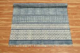 Hand Block Print Cotton Rug, Indigo Blue, Bohemian Kilim - thumbnail 1