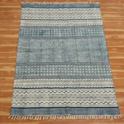 Hand Block Print Cotton Rug, Indigo Blue, Bohemian Kilim - thumbnail 3