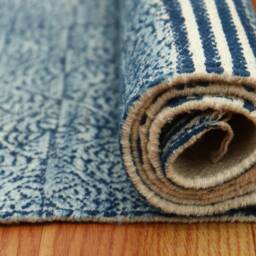 Hand Block Print Cotton Rug, Indigo Blue, Bohemian Kilim - thumbnail 4