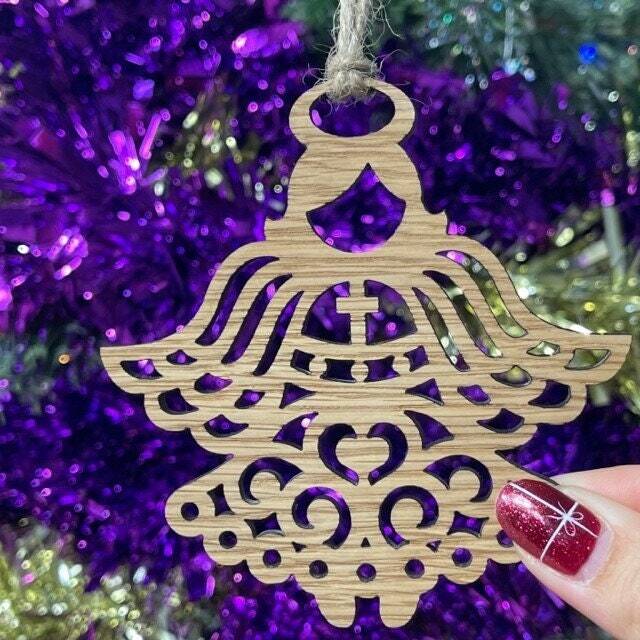 Wooden Ornate Angel Tree Decoration - Xmas Bauble Ornament in Oak, Walnut Cherry Wood -Or- Silver, Gold, Red, Green Glitter - image 1