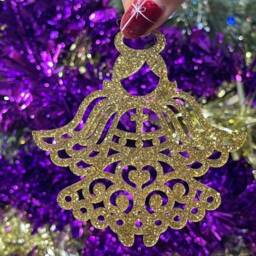 Wooden Ornate Angel Tree Decoration - Xmas Bauble Ornament in Oak, Walnut Cherry Wood -Or- Silver, Gold, Red, Green Glitter - thumbnail 3