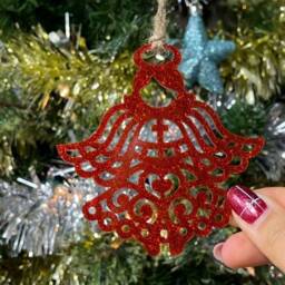 Wooden Ornate Angel Tree Decoration - Xmas Bauble Ornament in Oak, Walnut Cherry Wood -Or- Silver, Gold, Red, Green Glitter - thumbnail 4