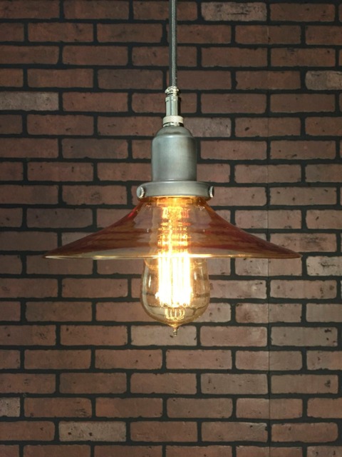 "Industrial Pendant Light -Raw Steel 8"" Flat Glass Amber Shade With Patented ""Huila Connectors" - image 1
