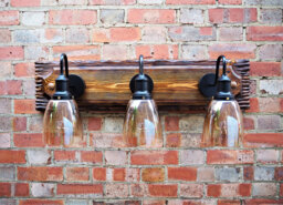 Wall Lights 3 Amber Glass Shade Lighting Vintage Lamp Retro Sconce Handmade Wood - thumbnail 1