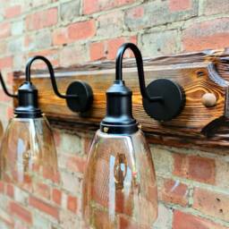 Wall Lights 3 Amber Glass Shade Lighting Vintage Lamp Retro Sconce Handmade Wood - thumbnail 2