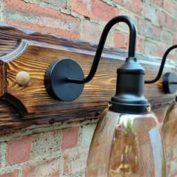 Wall Lights 3 Amber Glass Shade Lighting Vintage Lamp Retro Sconce Handmade Wood - thumbnail 3