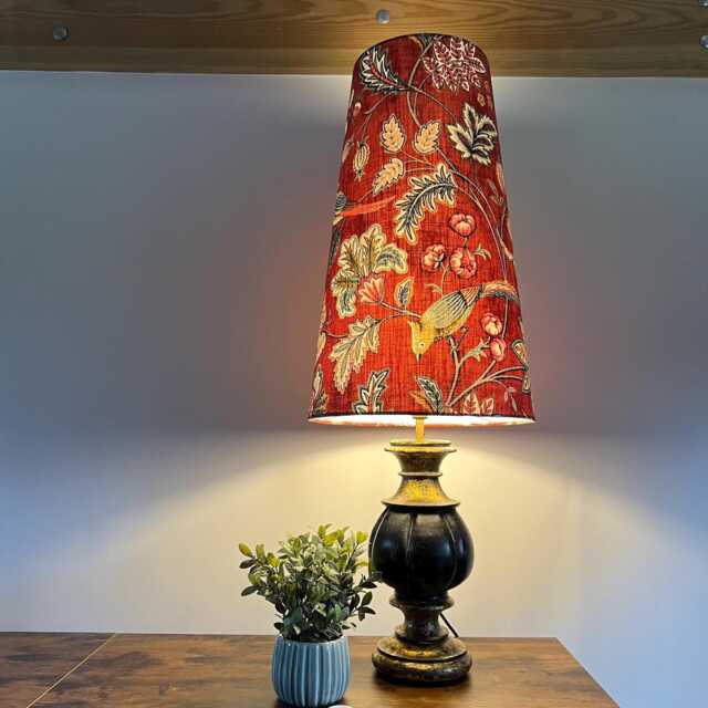 Chanterelle Cotton Cone Lampshade, Extra Tall Conical Shade, Burnt Orange, Birds & Floral - image 1