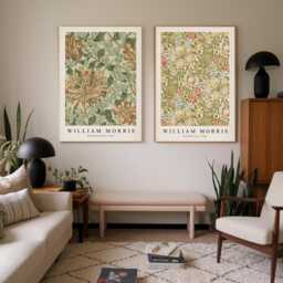 Set Of Two William Morris Floral Prints, Vintage Botanical Wall Art, Flower Print Set, Exhibition Print, Textiles Museum Pink - thumbnail 1