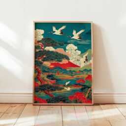 Japanese Crane Landscape Poster - Ukiyo-E Style Wall Art Red Mountain Pine Tree Print - thumbnail 1