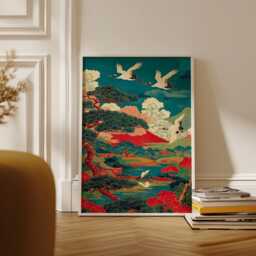 Japanese Crane Landscape Poster - Ukiyo-E Style Wall Art Red Mountain Pine Tree Print - thumbnail 2