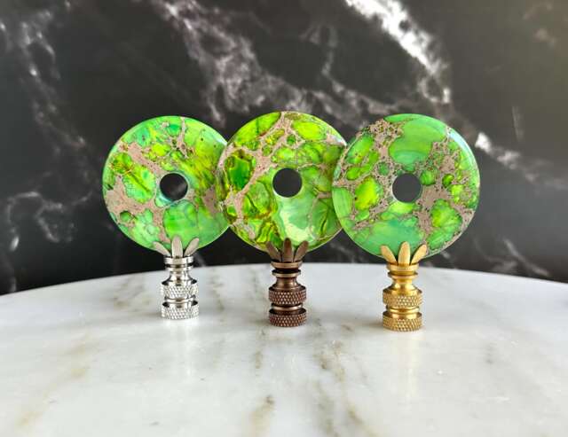 Chartreuse Green Sea Sediment Jasper Stone Lamp Finials On Shiny Chrome Bases - A Single Topper Or Matching Pair - image 1