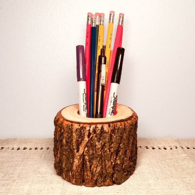 Wood Pen & Pencil Holder, Natural Tree Office Organizer, Wooden Cup Rustic Accessories, Gifts Under 20