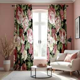 Classic Floral Curtain, Pink Roses & Green Leaves Drape, Botanical Window Treatment, Custom Size Curtain Panels - thumbnail 1