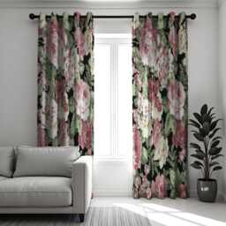 Classic Floral Curtain, Pink Roses & Green Leaves Drape, Botanical Window Treatment, Custom Size Curtain Panels - thumbnail 3