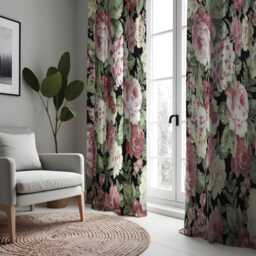 Classic Floral Curtain, Pink Roses & Green Leaves Drape, Botanical Window Treatment, Custom Size Curtain Panels - thumbnail 2