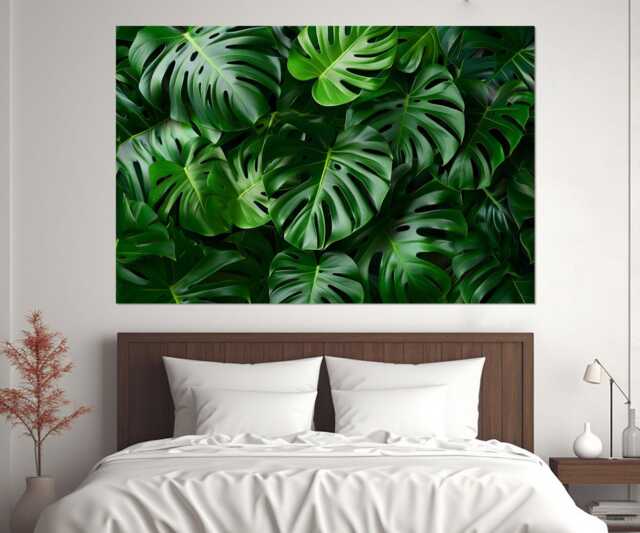 Tropical Green Leaves Canvas Print, Abstract Deep Wall Art, Palm Leaf Framed & Ready To Hang - image 1