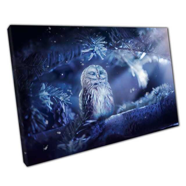 Owl On Tree Branch Canvas Print - Snowfall Animal Photography Wall Art For Home Office Decor - image 1