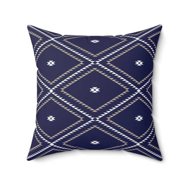 Square Throw Pillow, Southwestern Geometric, Navy White Beige, Desert Southwest Boho Decor, Bohemian Home Accent, Cushion - image 1
