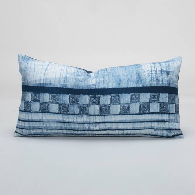 Indigo Batik Lumbar Pillow Cover - Handspun Hmong Fabric, 12x24 - image 1