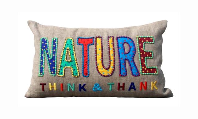 "Nature Think & Thank, Linen Throw Pillow Cover, Multicolour Embroidery, Applique Beige 12""x20" - image 1