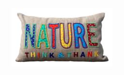 "Nature Think & Thank, Linen Throw Pillow Cover, Multicolour Embroidery, Applique Beige 12""x20"