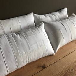 Handmade White Patchwork Pillow Cover Repurposed Cotton Linen, 12x20 Lumbar - thumbnail 3