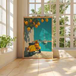 Retro Italian Vespa Scooter Art Print, Vintage Amalfi Coast Travel Poster, Bright Yellow Coastal Decor - thumbnail 3