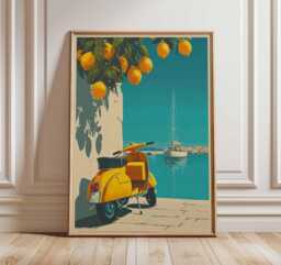 Retro Italian Vespa Scooter Art Print, Vintage Amalfi Coast Travel Poster, Bright Yellow Coastal Decor - thumbnail 1